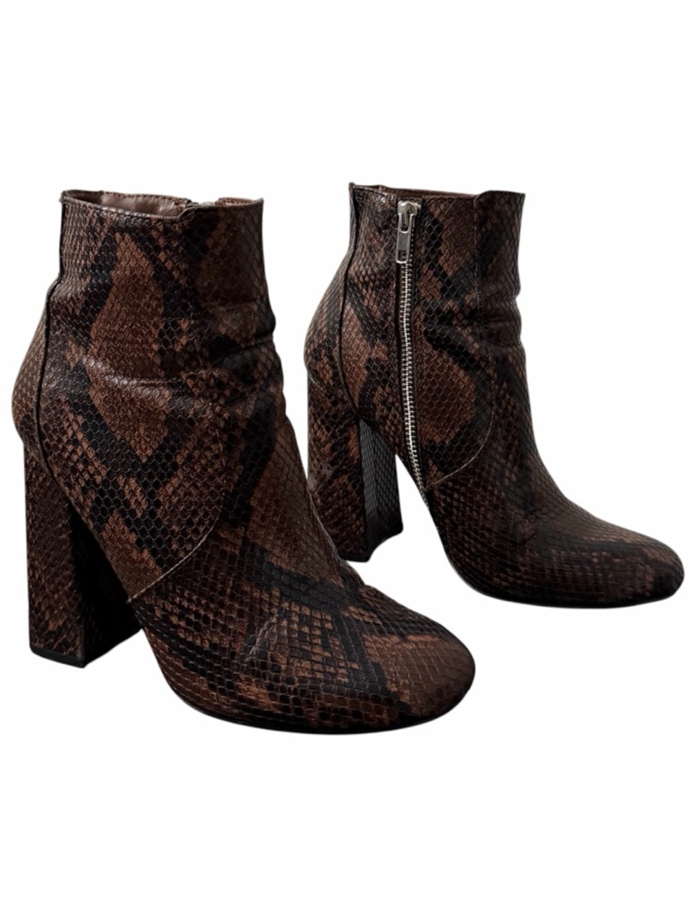 Steve Madden Size 7 Ankle Heeled Boots Booties Square Toe Snake Print Brown Used